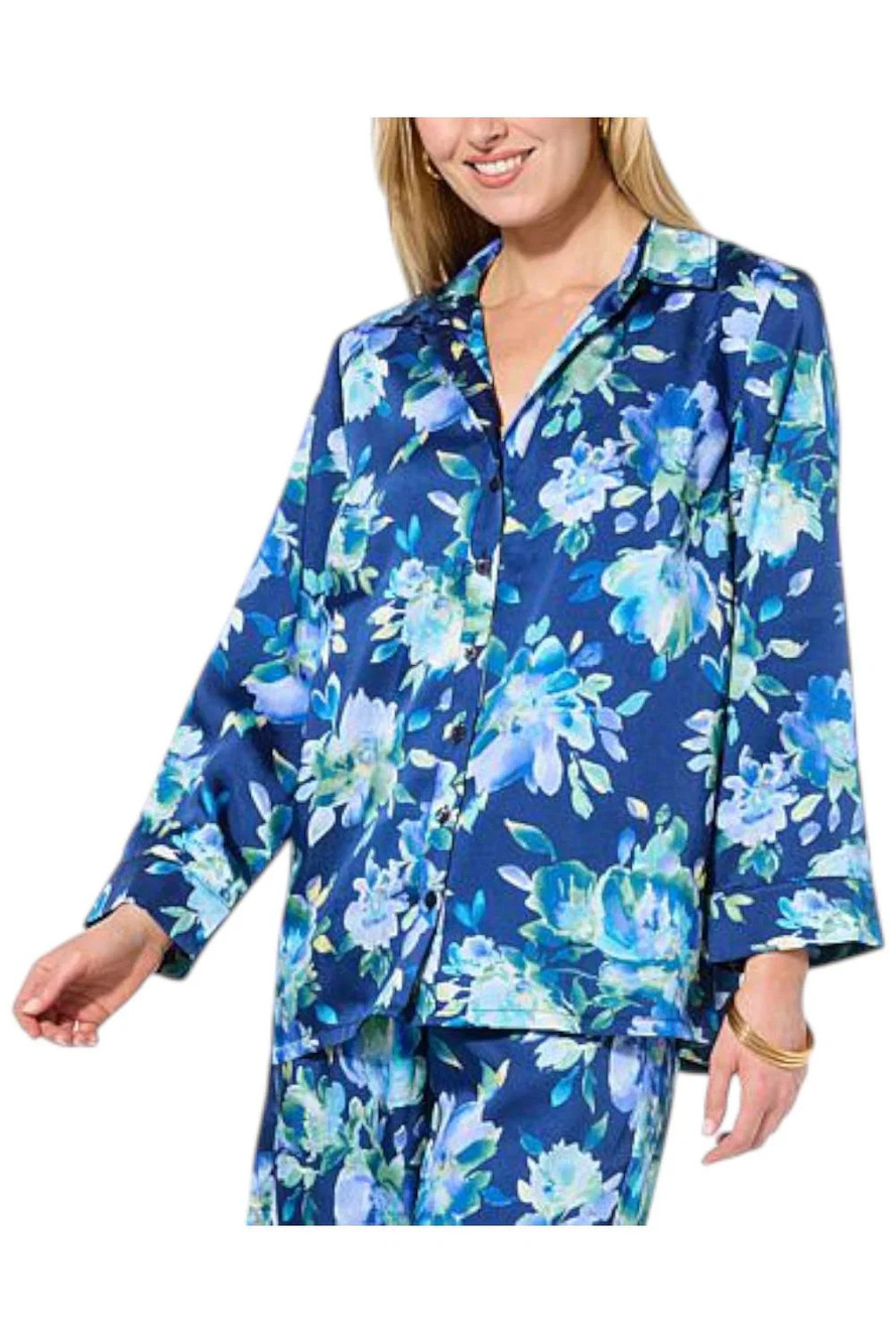 Colleen Lopez Women's Button-Down Satin Shirt Blue - Regular